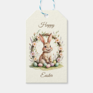 Osterhase Vintage Happy Easter mit floralem Kranz Geschenkanhänger