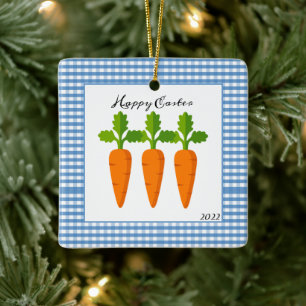 Osterhasen auf blauem Gingham-Feiertagsbaum Keramikornament