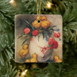 Osterhasen aus Vintage-Zeit, Ei mit roten Tulpenbl Keramikornament