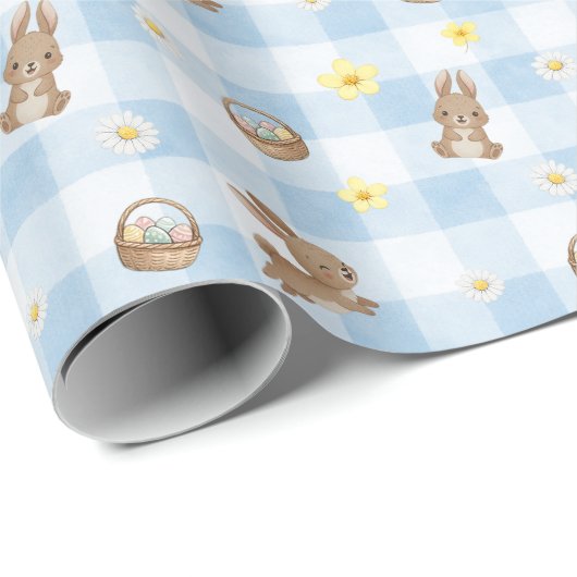 Osterhasen-Blau-Gingham-Geschenkpapier Geschenkpapier (Rolleneckpunkt)