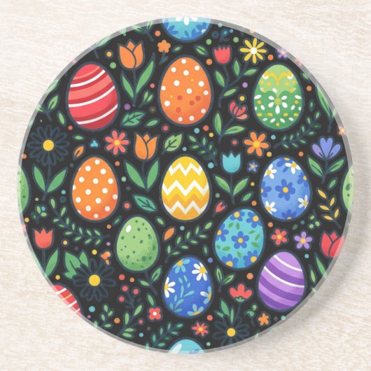 Osterhasen-Eier & Blumen im Regenbogen-Look Getränkeuntersetzer (Vorne)