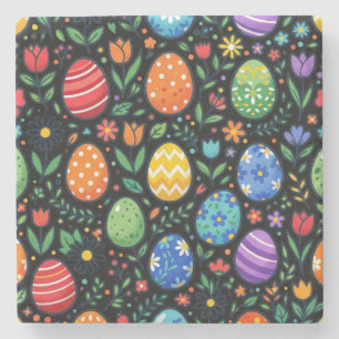 Osterhasen-Eier & Blumen im Regenbogen-Look Steinuntersetzer