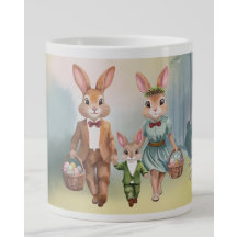 Osterhasen-Familie auf Eiersuche - Aquarell