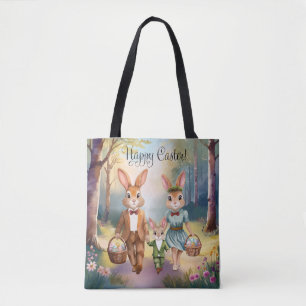 Osterhasen-Familie auf Eiersuche - Aquarell Tasche