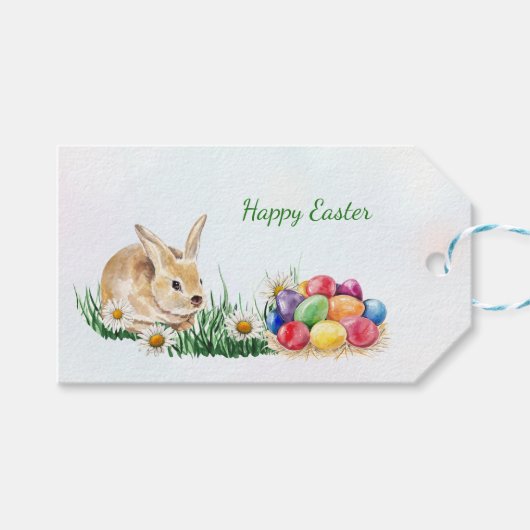 Osterhasen, farbenfrohe Eier und daisy Geschenkanhänger (Vorderseite (Horizontal))