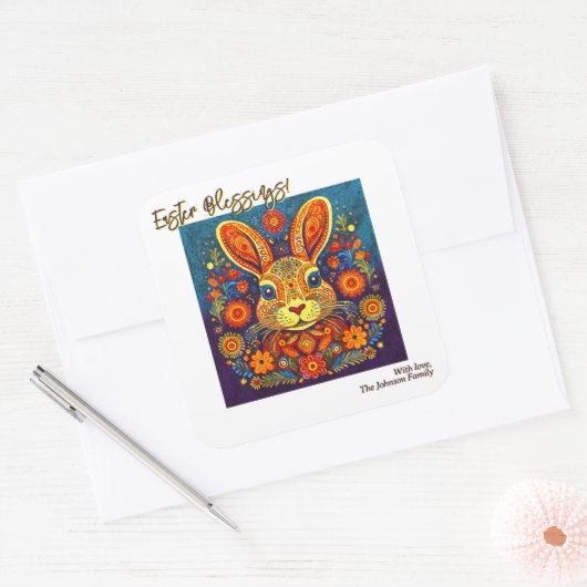 Osterhasen - Folklorekunst - Personalisierbare Ost Quadratischer Aufkleber (Umschlag)