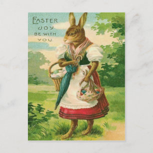 Osterhasen-Frau-Korb-bunte-Eier Feiertagspostkarte