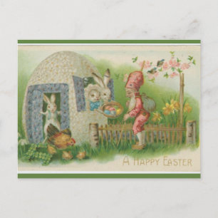 Osterhasen Huhn und Gnom Ostern Vintage Postkarte