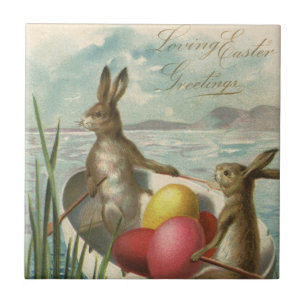 Osterhasen im Vintage-Stil in einem Boot mit Oster Fliese