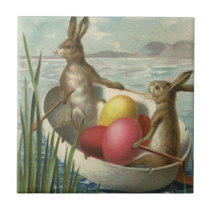 Osterhasen im Vintage-Stil in einem Boot mit Oster Fliese