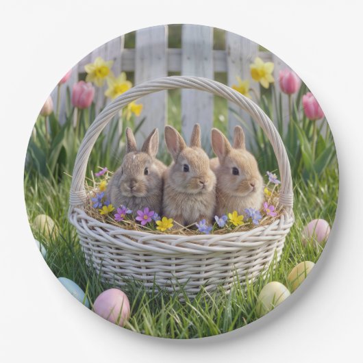 Osterhasen in einem Weidenkorb auf Gras Pappteller (Vorderseite)