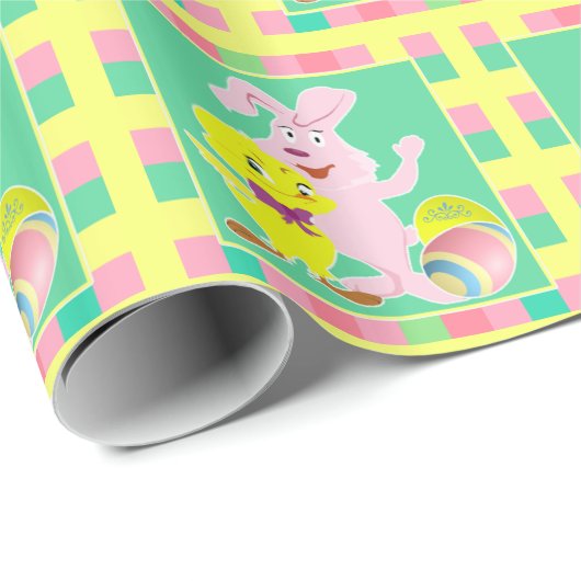 Osterhasen Küken und Eier auf Kariert Geschenkpapier (Rolleneckpunkt)