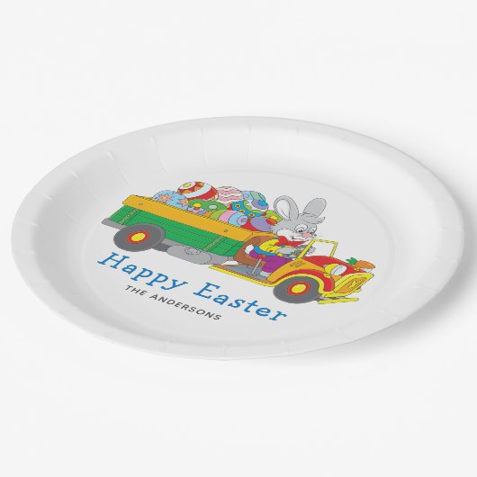 Osterhasen Lieferwagen Personalisierter Name Pappteller (Schrägansicht)