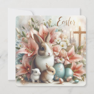 Osterhasen, Lilien und ein Kreuz Feiertagskarte