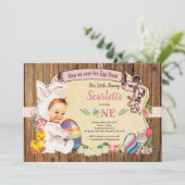 Osterhasen-Mädchen 1. Geburtstag Ei Jagd Vintag Einladung (Stehend Vorderseite)