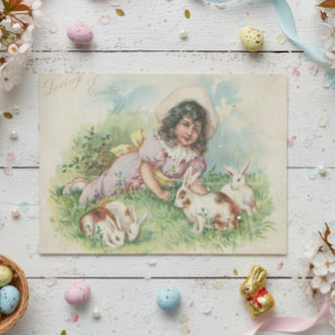 Osterhasen-Mädchen Vintage-Postkarte Karte Seidenpapier