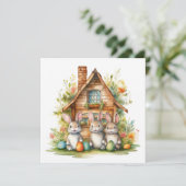 Osterhasen mit Holzhaus und bunten Eiern (Stehend Vorderseite)