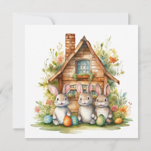 Osterhasen mit Holzhaus und bunten Eiern (Vorderseite)