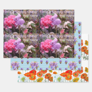 Osterhasen Mohn Blumenmuster Wasserfarbe Geschenkpapier Set