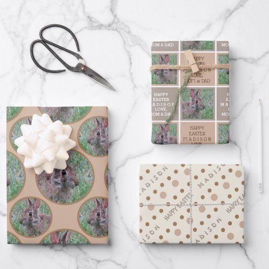 Osterhasen-Neutralpolka-Dot Personalisiert Geschenkpapier Set (Vorderseite)