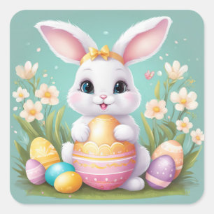 Osterhasen Niedliche Blumenaufkleber in Frühlingsf Quadratischer Aufkleber