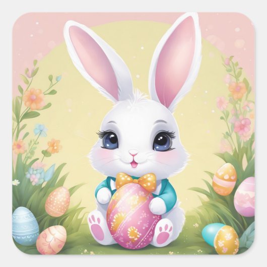 Osterhasen Niedliche Blumenaufkleber in Frühlingsf Quadratischer Aufkleber (Vorderseite)