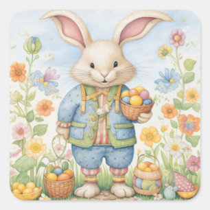 Osterhasen Niedliche Blumenaufkleber in Frühlingsf Quadratischer Aufkleber