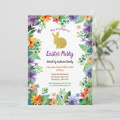 Osterhasen-Party Aquarell Blumengold Einladung (Stehend Vorderseite)