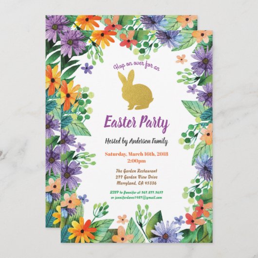Osterhasen-Party Aquarell Blumengold Einladung (Vorne/Hinten)