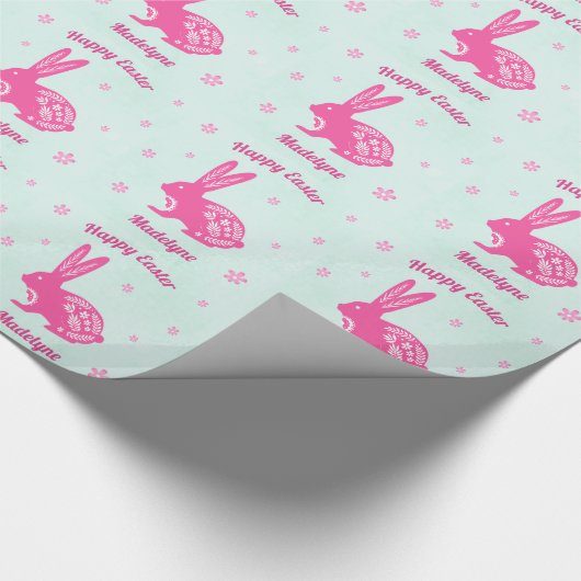 Osterhasen Rabbit Daisies Pink Aqua Personalisiert Geschenkpapier (Ecke)