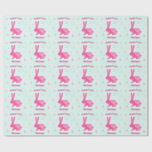 Osterhasen Rabbit Daisies Pink Aqua Personalisiert Geschenkpapier (Flach)