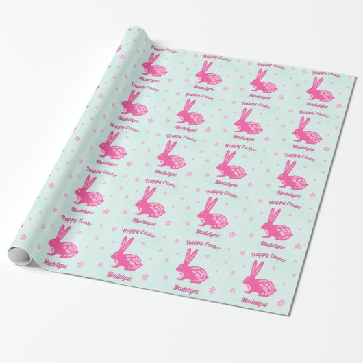 Osterhasen Rabbit Daisies Pink Aqua Personalisiert Geschenkpapier (Ungerollt)
