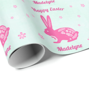 Osterhasen Rabbit Daisies Pink Aqua Personalisiert Geschenkpapier