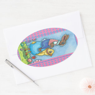 OSTERHASEN REITET SÜßES KÜKEN IN BLAUEM EI, WHIMSY OVALER AUFKLEBER