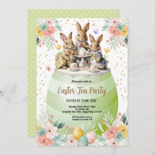 Osterhasen-Tee-Party Einladung. Pastelgrün Einladung (Vorne/Hinten)