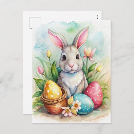 Osterhasen und bemalte Eier Feiertagspostkarte (Vorne/Hinten)
