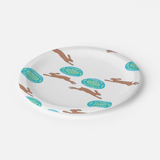 Osterhasen und Eier in Weiß Pappteller (Schrägansicht)