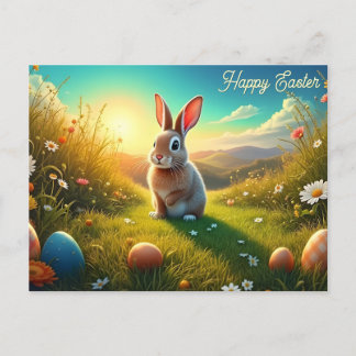 Osterhasen und farbenfrohe Eier im Frühjahrsmagie Feiertagspostkarte