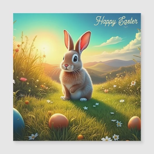 Osterhasen und farbenfrohe Eier im Frühjahrsmagie Magnetkarte (Vorderseite)