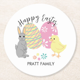 Osterhasen und Küken mit dekorierten Eiern Runder Pappuntersetzer