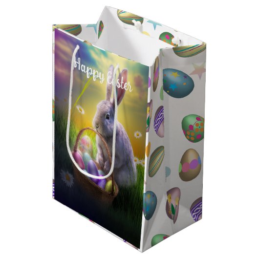 Osterhasen und Küken mit Eierkörben Mittlere Geschenktüte (Vorderseite Schrägansicht)