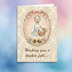 Osterhasen und süße Gans in Vintage-Kleidung  Karte