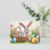 Osterhassui Jagd im Frühlingsblütengarten Feiertagspostkarte (Stehend Vorderseite)