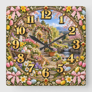 Osterhäuschen-Garten-Hase Quadratische Wanduhr