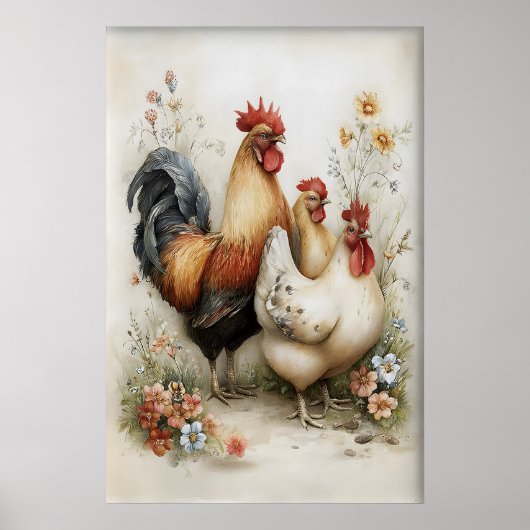Osterhuhn Hahn Blumen Druckbar, Vintage Poster (Vorne)