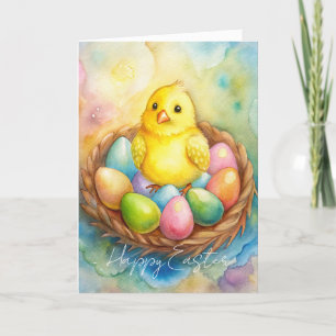 Osterhühnchen in einem Nest mit Eiern Illustration Feiertagskarte