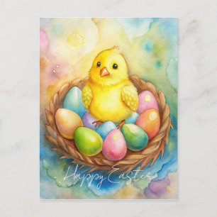 Osterhühnchen in einem Nest mit Eiern Illustration Feiertagspostkarte
