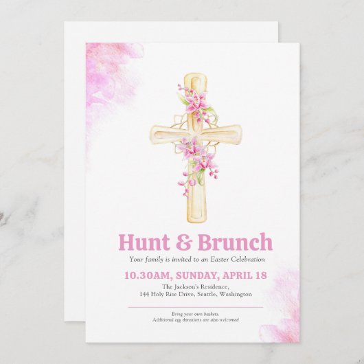 Osterjagd und Brunch Rosa Blumenorchester Einladung (Vorne/Hinten)