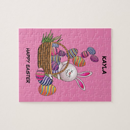 Osterkaninchen im Korb mit Eierpuzzle. Puzzle (Horizontal)