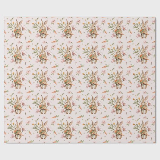 Osterkaninchen, Karotten und Blumenmuster Geschenkpapier (Flach)